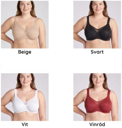 Lovelle Grace minimizer-BH i fyra färger: beige, svart, vit och vinröd