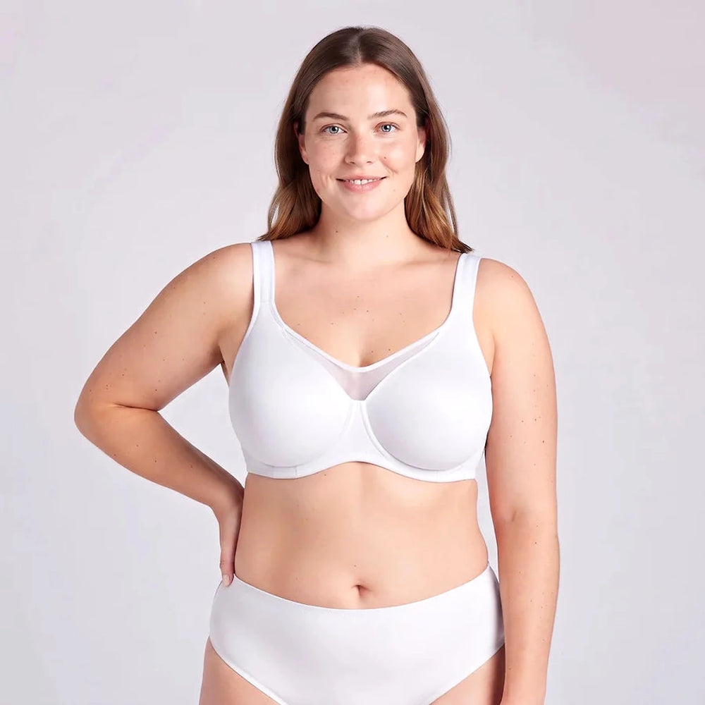 Lovelle Grace minimizer-BH i vit med slät ofodrad kupa och nätpanel, på modell