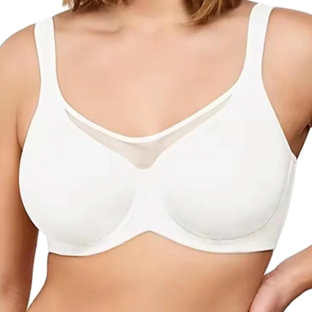 Närbild på Lovelle Skin Support i vit: slät ofodrad kupa utan synliga sömmar och nätpanel mitt fram