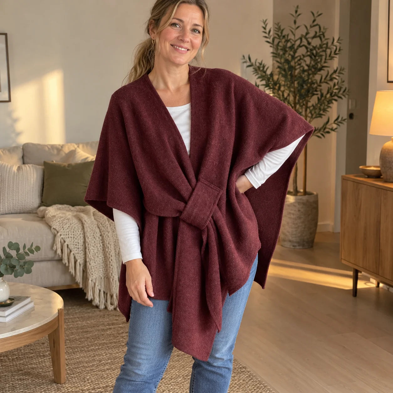 Vinröd över en enkel långärmad – lika skön i soffan som i hallen