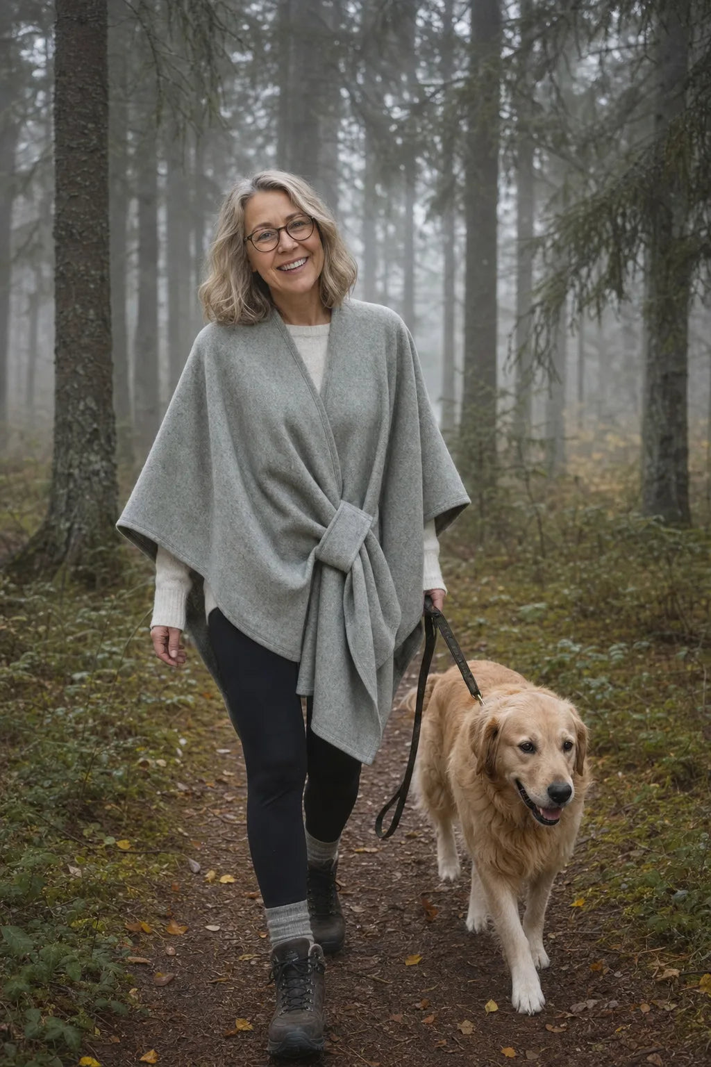 Över en tjock stickad, med kängor och hunden – öglan håller den på plats