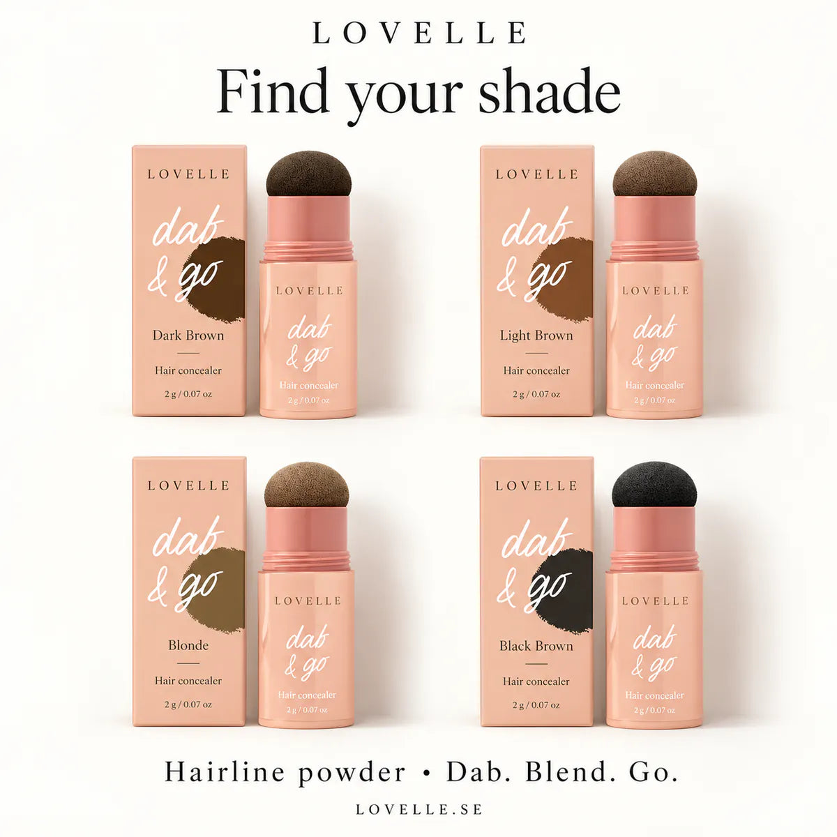 Alle fire nuancer af Lovelle Dab &amp; Go: Dark Brown, Light Brown, Blonde og Black Brown