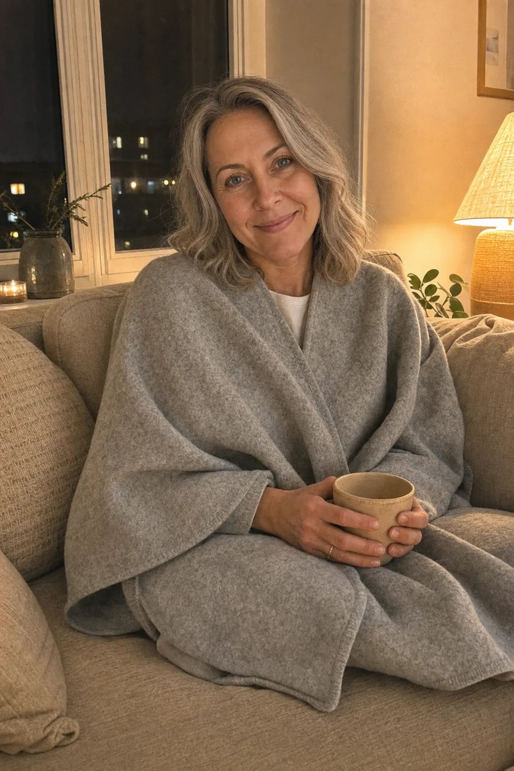 Kund i Lovelle Poncho i färgen Ljusgrå